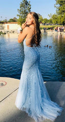 Light Blue Mermaid Lace Prom Dress , Pageant Dress, Evening Dress, Dance Dresses