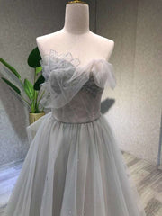 A line Tea Length Gray Prom Dress, Gray Tulle Homecoming Dress