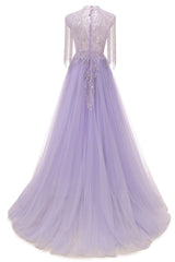 Arabic Purple Elegant A Line Beaded Tassel Luxury Dubai Evening Dresses Gowns For Women