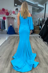 Asymmetrical Cobalt Blue Mermaid Long Formal Dress with Slit