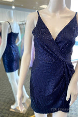 Navy Blue Sequins V-Neck Mini Homecoming Dress