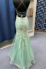 Sage Green Spaghetti Straps Mermaid Prom Dress With Appliques