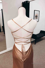 Backless Champagne Long Prom Dress with High Slit, Long Champagne Formal Graduation Evening Dress