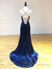 Backless Dark Navy Blue Long Prom Dresses, Dark Navy Blue Formal Graduation Evening Dresses