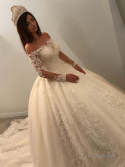 Ball Gown Off-the-Shoulder Cathedral Train Tulle Wedding Dresses With Appliques Lace