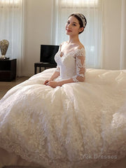 Ball Gown Off-the-Shoulder Cathedral Train Tulle Wedding Dresses With Beading