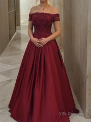 Ball Gown Off-the-Shoulder Floor-Length Satin Evening Dresses With Appliques Lace