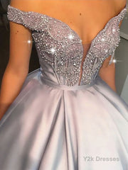 Ball Gown Off-the-Shoulder Floor-Length Satin Prom Dresses With Beading