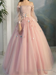 Ball Gown Off-the-Shoulder Floor-Length Tulle Prom Dresses With Flower