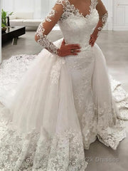 Ball Gown V-neck Cathedral Train Tulle Wedding Dresses With Appliques Lace