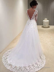 Ball Gown V-neck Court Train Tulle Wedding Dresses With Appliques Lace