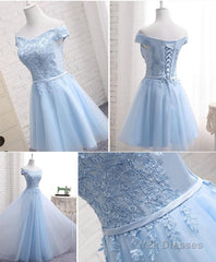 Sky Blue A Line Lace Off Shoulder Prom Dress, Lace Evening Dresses