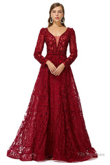 Beaded Wine Red Long V neck Sleeves Prom Dresses