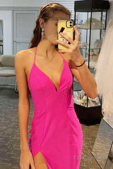 Beading Hot Pink Halter Prom Dress with Slit