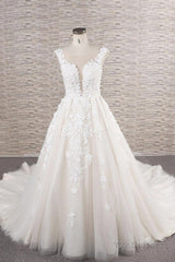 Beautiful Long A-line Tulle Lace Appliques Backless Wedding Dress