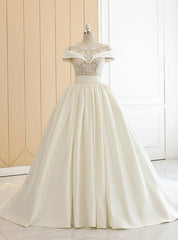 Beige White Ball Gown Satin Appliques Bateau Neck Wedding Dress