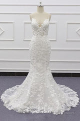 Best Long Mermaid Spaghetti Strap Appliques Lace Wedding Dress