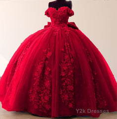 Big Bow Floral Flower Lace Applique Off Shoulder Ball Gown Quinceanera Dresses