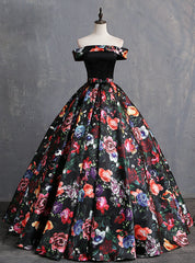 Black Ball Gown Satin Print Off the Shoulder Quinceanera Dresses