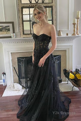 Black Corset A-Line Tulle Long Prom Dress with Lace