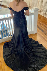 Black Corset Off the Shoulder Long Prom Dress with Slit