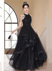 Black Halter Tulle Layers Long Formal Dress, Black Tulle Prom Dress