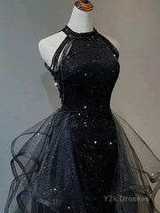 Black Long Mermaid Halter Sequined Tulle Formal Prom Dresses