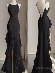 Black Mermaid Beach Wedding Dress With Ruffles, Spaghetti Straps Backless Prom Gown