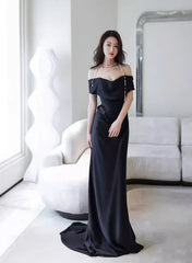 Black Off Shoulder Soft Satin Floor Length Party Dress, Black Satin Evening Dress