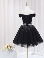 Black Off Shoulder Tulle Sequin Short Prom Dress, Black Homecoming Dresses