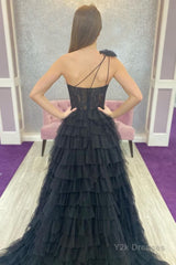 Black One Shoulder Corset Tiered Long Prom Dress with Ruffles