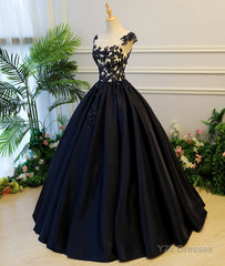 Black round neck satin long prom gown, black evening dress