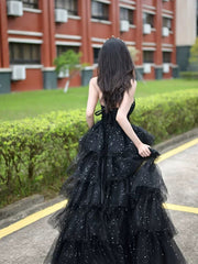 Black Shiny Tulle Layers Long Party Dress with Leg Slit, Black Tulle Prom Dress