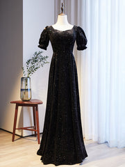 Black Square Puff Sleeve Button Prom Dress