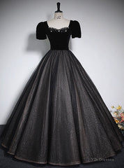 Black Tulle Sequins Square Neck Short Sleeve Beading Quinceanera Dress