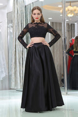 Black Two Piece Long Sleeve Floor Length Satin Prom Dresses with Lace