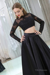 Black Two Piece Long Sleeve Floor Length Satin Prom Dresses with Lace