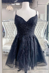 Black V Neck Backless Lace Short Prom Dresses, Backless Black Lace Homecoming Dresses, Black Lace Formal Evening Dresses