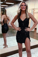 Sparkly Spaghetti Straps V Neck Sequins Short Homecoming Dresses