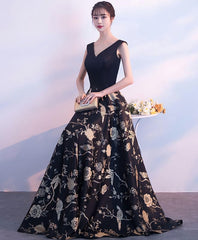 Black V Neck Floral Pattern Long Prom Dress, Evening Dress