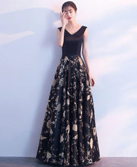 Black V Neck Floral Pattern Long Prom Dress, Evening Dress