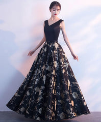 Black V Neck Floral Pattern Long Prom Dress, Evening Dress