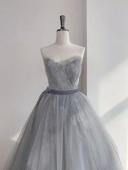 A Line Strapless Appliques Gray Tulle Long Prom Dress Evening Dress