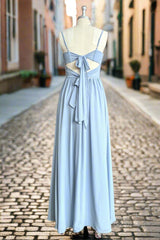 Blue A Line Spaghetti Straps V-Neck Pleated Floor Length Chiffon Long Bridesmaid Dress