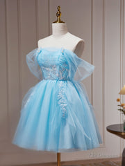 Blue A-line Tulle Short Prom Dress, Blue Homecoming Dress