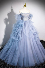 Blue Cascading Ruffles Long Prom Dresses, A-Line Strapless Short Sleeve Sweep Train Evening Dress