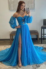 Blue Detachable Sleeves Cut-Out Long Prom Dress with Beading