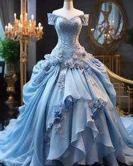 Blue Fairy 3D Floral Prom Dress Bustle Ruched Sweet 16 Ball Gown Quinceanera Dress