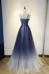 Blue Gradient A-line Tulle Long Formal Dresses Graduation Dress Woman