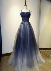 Blue Gradient Straps Tulle Long Party Dress with Lace Blue Junior Prom Dress prom dresses shops